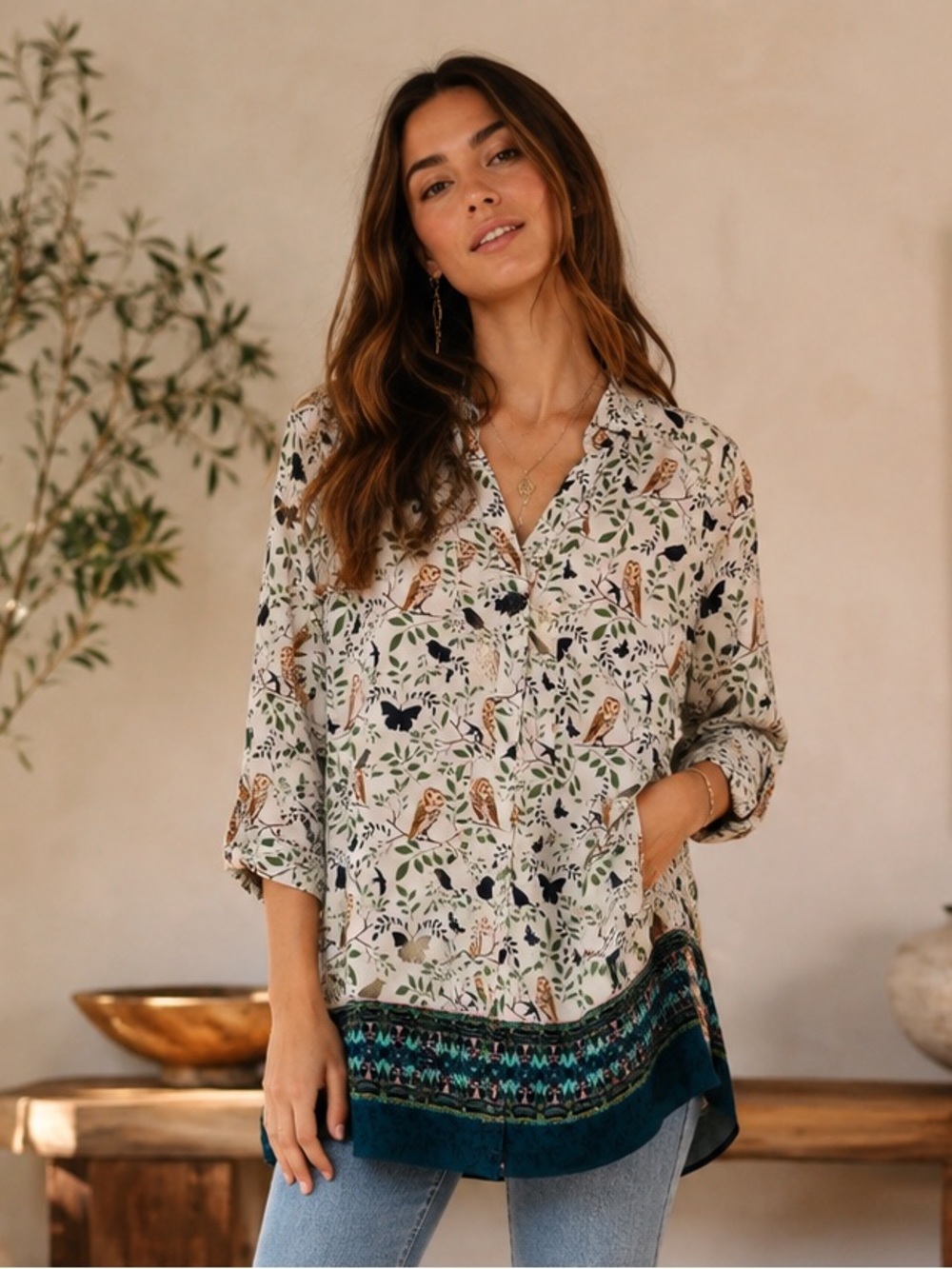 Anthropologie Maeve Woodland Walk Owl Print Tunic Blouse Size 12